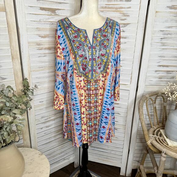 SOFT SURROUNDINGS Womens XL Boho Colorful Embroidered Tunic Top 3/4 Sleeve Artsy - Picture 4 of 16